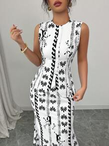 Elenzga Women Blue & White Flower Elegant Sleeveless Bodycon 2 Pieces Set