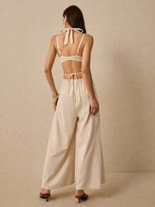 Poéselle V-Neck Jumpsuit, Backless Jumpsuit, Jumpsuit With Pockets,Women's Solid Color Suspender Jumpsuit, Simple & Fashionable For Summer, Boho Chic Clothes