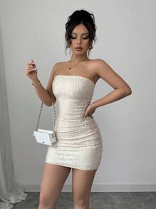 Selianne Sexy Party Champagne Color Sequin Cropped Tube Dress For Women - Champagne - View 5