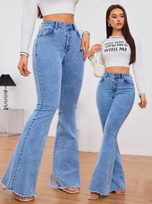 SHEIN Tall Solid Color Zipper Pocket Wide Leg Jeans Suitable For Daily Wear - Blue - View 3