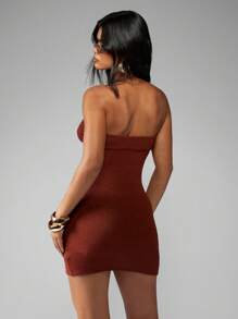 MISSGUIDED Vestido mini bandeau de punto con detalle retorcido en el busto, vestido ajustado para club, fiesta, vacaciones, tarde, invierno, otoño, primavera, sin tirantes, moda - Marrón - Ver 2