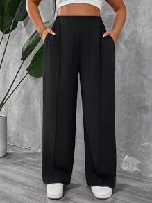 SHEIN PETITE CURVE Petite Plus Size Women's Solid Color Pleated Pants
