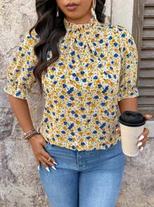 SHEIN LUNE Plus Size Women's Holiday Ditsy Floral Ruffle Collar Puff Sleeve Top - Multicolor - View 1