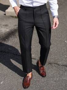 Manfinity Mode Men's Ins Fashion Casual Business Style Solid Color Slim Elastic Waist Button Placket Trousers, Men's Formal Suit Trousers, Comfortable Fabric And Excellent Workmanship Suitable For Daily Wear, Going Out, Meeting Friends, Going To Work, Party, Wedding. Can Be Used As A Gift For Father, Boyfriend, Husband, Son - Black - View 5