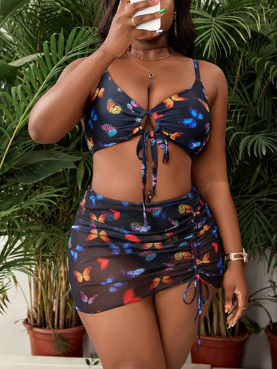 SHEIN Swim Curve Plus Size Women 3pcs Swimwear Set: Butterfly Print Tie Front Adjustable Strap High Waisted Bottoms, Mesh Side Drawstring Sarong Skirt, Stylish And Elegant Beach Resort Swimwear - Multicolor - View 1
