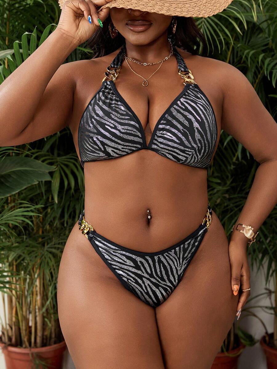 Slaydiva 大码女式 2 件套金箔斑马纹吊带高开 V 领泳衣 - 黑與白 - 查看 1