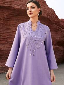 Layrah Women's Rhinestone Decor V-Neck Long Sleeve Arabic Traditional Dress, Modest Kaftan - Mauve Purple - View 1
