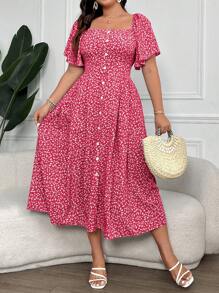SHEIN Clasi Plus Size Women's Ditsy Floral Print Square Collar Buttoned Dress Maxi Women Outfit - Hot Pink - View 1