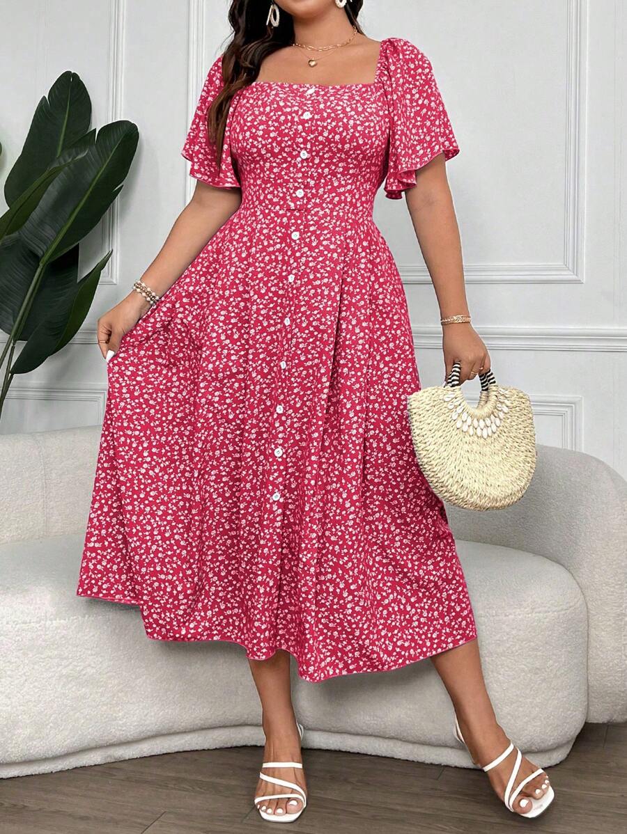 SHEIN Clasi Plus Size Women's Ditsy Floral Print Square Collar Buttoned Dress Maxi Women Outfit - Hot Pink - View 1
