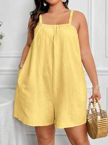 SHEIN Clasi Plus Size Women's Summer Solid Color Simple Daily Wear Romper With Straps Short Summer Dresswomen Romperblack Dress Shortromper Dressshort Jumpsuit - Yellow - View 6