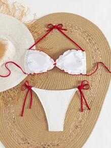 Women's 2pcs/Set Textured Colorblock Crop Top With Side Tie Bottoms, Sweet Bikini Set Summer Beachwear Outfit - Red and White - View 8