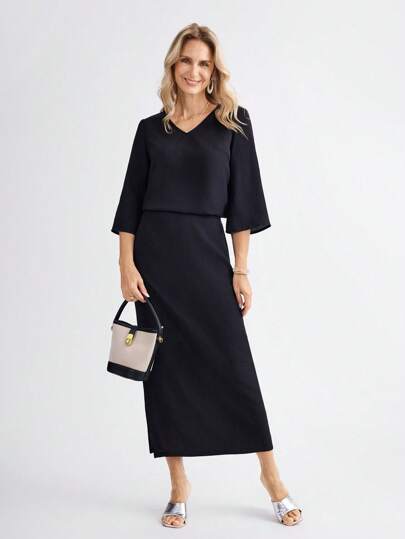 Miaspire 2pcs Women V-Neck Long Sleeve Top And Knee Length Skirt Set, Black Casual Everyday Wear, Spring/Summer