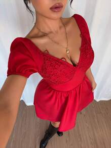 Calvaya Spring/Summer Regular Women Bubble Puff Sleeve Deep V-Neck Lace Wrap Bodice Elegant Sexy Party Dress, Short Red Cocktail Dress For Gala, New Year's Eve, Wedding