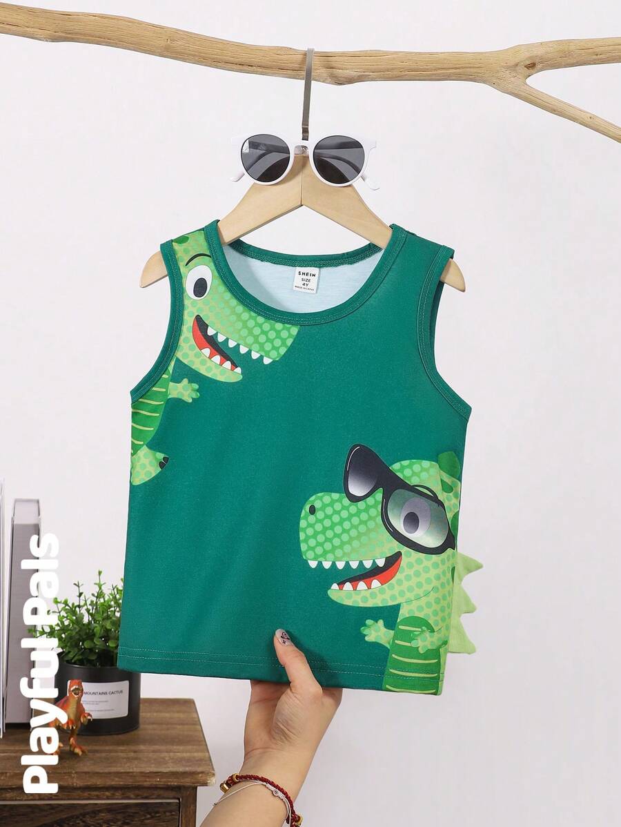 SHEIN 卡通恐龙印花圆领休闲上衣，男童款 - 綠色 - 查看 1