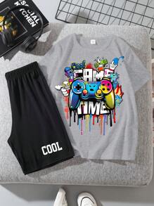 SHEIN Leap Crew 2pcs/Set Tween Boys Casual Minimalist Round Neck Short Sleeve T-Shirt And Shorts Set, Suitable For Summer