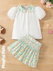 Playful Pals 2 件套年轻女孩碎花优雅甜美法式拼色泡泡袖上衣和高腰 A 字短裙套装 - 彩色 - 查看 8