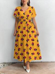 SHEIN Privé 大码休闲复古花卉图案宽松连衣裙，适合秋冬季 - 黃色 - 查看 4