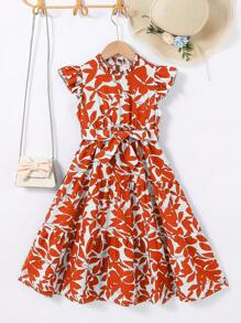 SHEIN Vestido sin mangas para niña con cuello alto, dobladillo con volantes y estampado floral disperso de gasa
