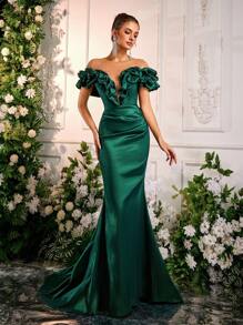 Glamrae Elegant Luxurious Rhinestone Decorated Mesh Mermaid Fishtail Gown With Train, Suitable For Wedding, Party, Holiday, Gala, Evening Formal Dress, Wedding Guest Dress