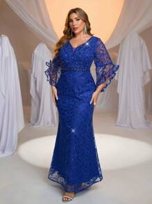 Glamrae Plus Size Lotus Pink Beaded & Rhinestone Adorned Ruffled Sleeve Lace Mermaid Formal Gown, Elegant Evening Dress For Gala - Royal Blue - View 6