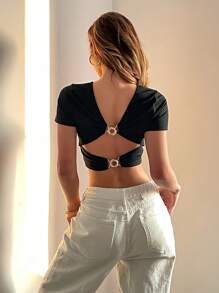 Chiquease Camiseta casual y elegante para mujer de unicolor, con cuello redondo, manga corta, recortada y espalda abierta