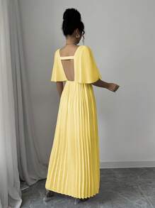 Elenzga Elegant Butterfly Sleeve Pleated A-Line V-Neck Backless Dress, Suitable For Party, New Year, Valentine's Day, Pink