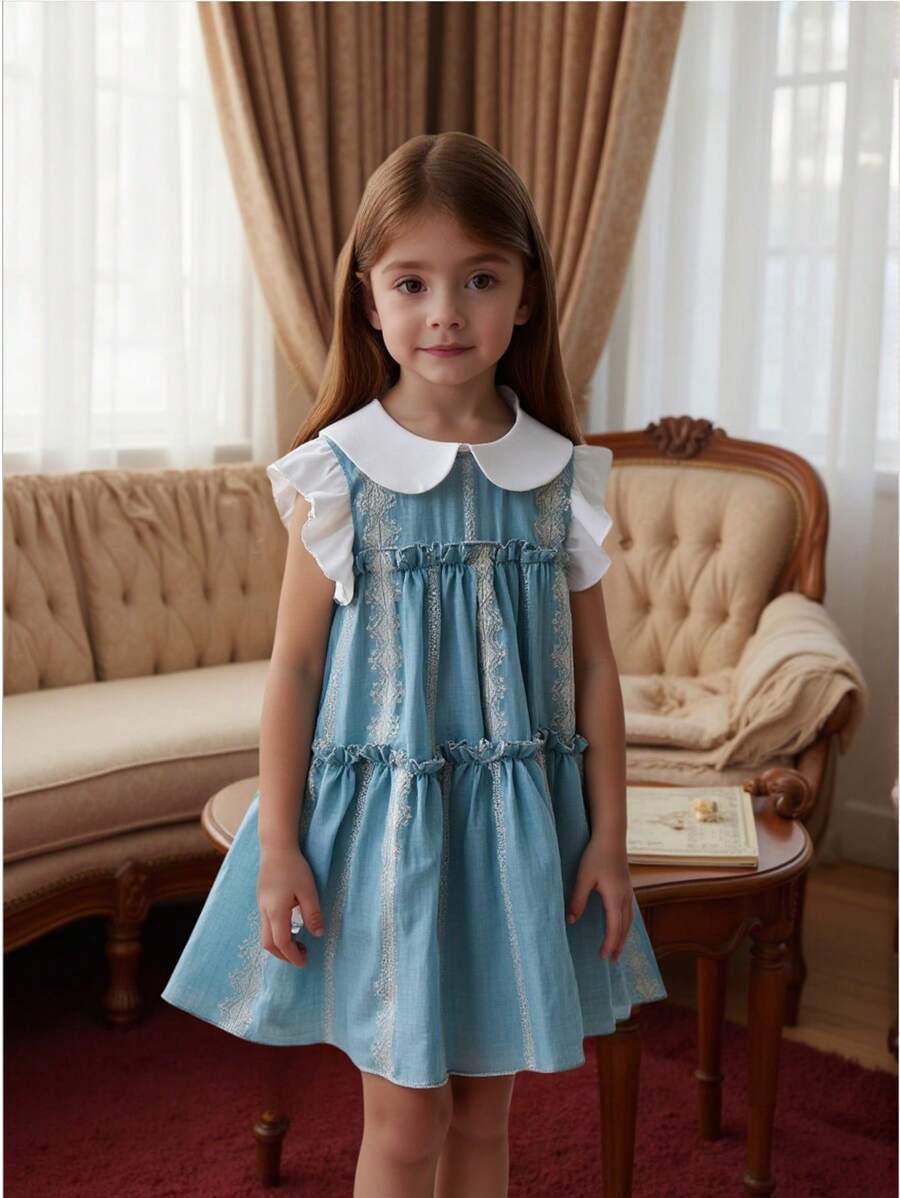 Young Girl Geometric Pattern Contrast Color Peter Pan Collar Cap Sleeve Cute Dress - Multicolor - View 1