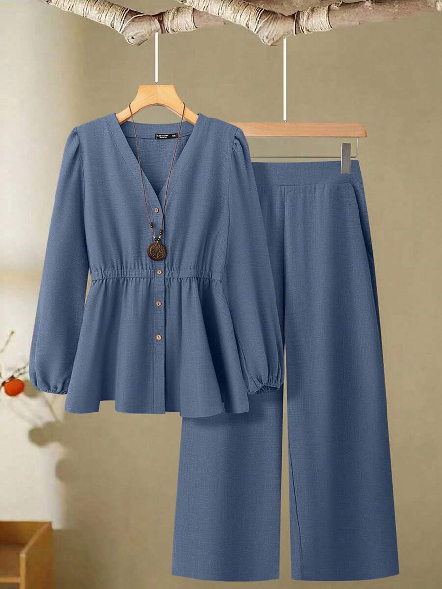 Linhara Set de 2 piezas de top de manga larga y pantalones largos de unicolor y talla grande, simple y de moda para el verano - Azul - Ver 1