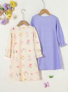 SHEIN 2pcs/Set Young Girl Floral & Bunny Pattern Knit Long Sleeve Nightdress Homewear - Multicolor - View 2