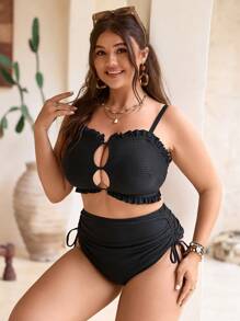 SHEIN Swim Curve 大码女式性感黑色纯色镂空抽绳比基尼上衣、比基尼套装、沙滩装 - 黑色 - 查看 6