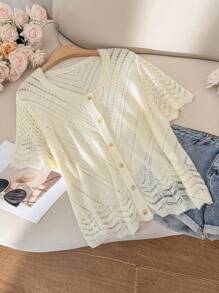 CosyJoli Plus Size Knit Button-Up Wavy Trim Casual Cardigan Sweater - Apricot - View 2