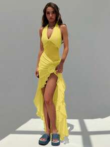 Aloruh Halter Neck Backless Yellow Sleeveless Dress With Ruffles, Elegant Romantic Floral Decor Design For Ball, Concert, Spring/Summer - Yellow - View 7