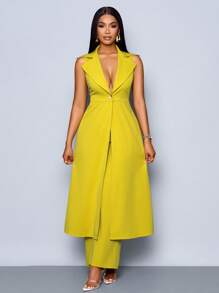 SOLERSUN Women Solid Color Casual Shawl Collar Button Front Sleeveless Long Blouse With Wide Leg Pants Elegant Daily Commuting Spring /Summer Sets Clothes Vacation & Dating Two-Piece Set