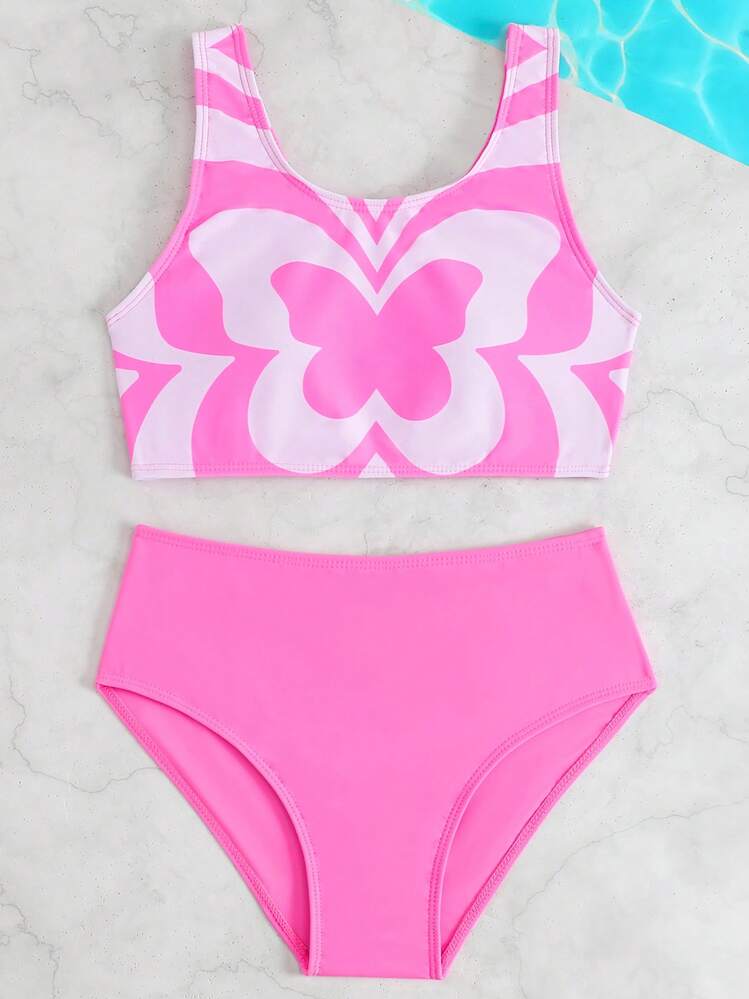女童泳衣套装，粉色蝴蝶图案上衣和下装 2 件套，适合夏季 - 粉色 - 查看 6