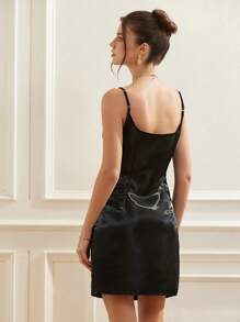 Chiquease Vestido de satén brillante, elegante y romántico con diseño de cuello cuadrado y tirantes de espagueti, para primavera/verano - Negro - Ver 5