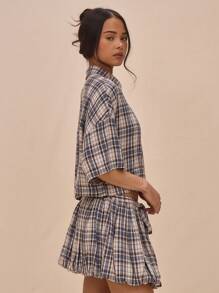 MUSERA Boxy Fit Collared Button Up Plaid Flannel Cropped Mid Sleeve Shirt Spring Summer Cute Street Style