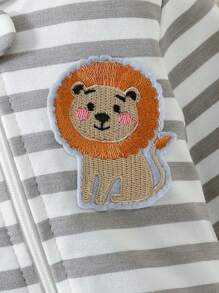 SHEIN Baby Boys' Lion Embroidered Striped Zip-Front Footed Pajamas - Multicolor - View 4