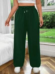 Flirla Pantaloni lunghi casual a tinta unita con vita regolabile con laccetto, taglie comode