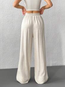 SHEIN EZwear Quần dài ống rộng cạp rút vải lanh màu mơ cỡ lớn cho mùa hè - Màu be - Xem 2