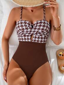 Swim Lushoire 1 pieza Traje de baño de mujer con copa de sujeción y estampado de pata de gallo para vacaciones de primavera, para verano