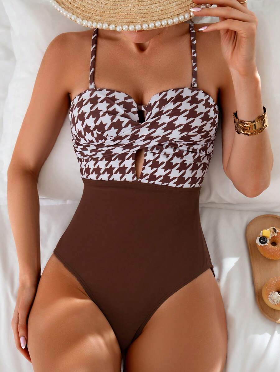 Swim Lushoire 1 pieza Traje de baño de mujer con copa de sujeción y estampado de pata de gallo para vacaciones de primavera, para verano