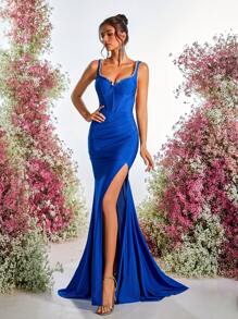 Glamrae 优雅奢华缀饰弹力针织面料褶皱开衩鱼尾裙，婚礼宾客礼服，适合婚礼、活动、派对、庆典、正式、派对礼服、晚礼服、长袍 - 寶藍色 - 查看 6