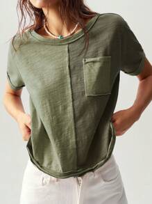 Bohemela Boho Vacation Casual Knit Color Block Round Neck Short Sleeve Loose T-Shirt For Women - Army Green - View 10