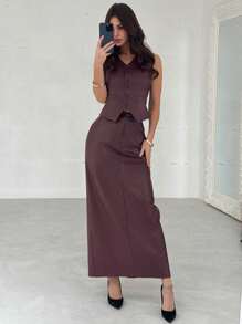 Firerie Women Elegant Simple Refined Commuting Office Fashionable Everyday V-Neck Button Leather Vest And High Waist Straight Split Hem Skirt Akula Red Leather Suit, Spring/Summer - Burgundy - View 1