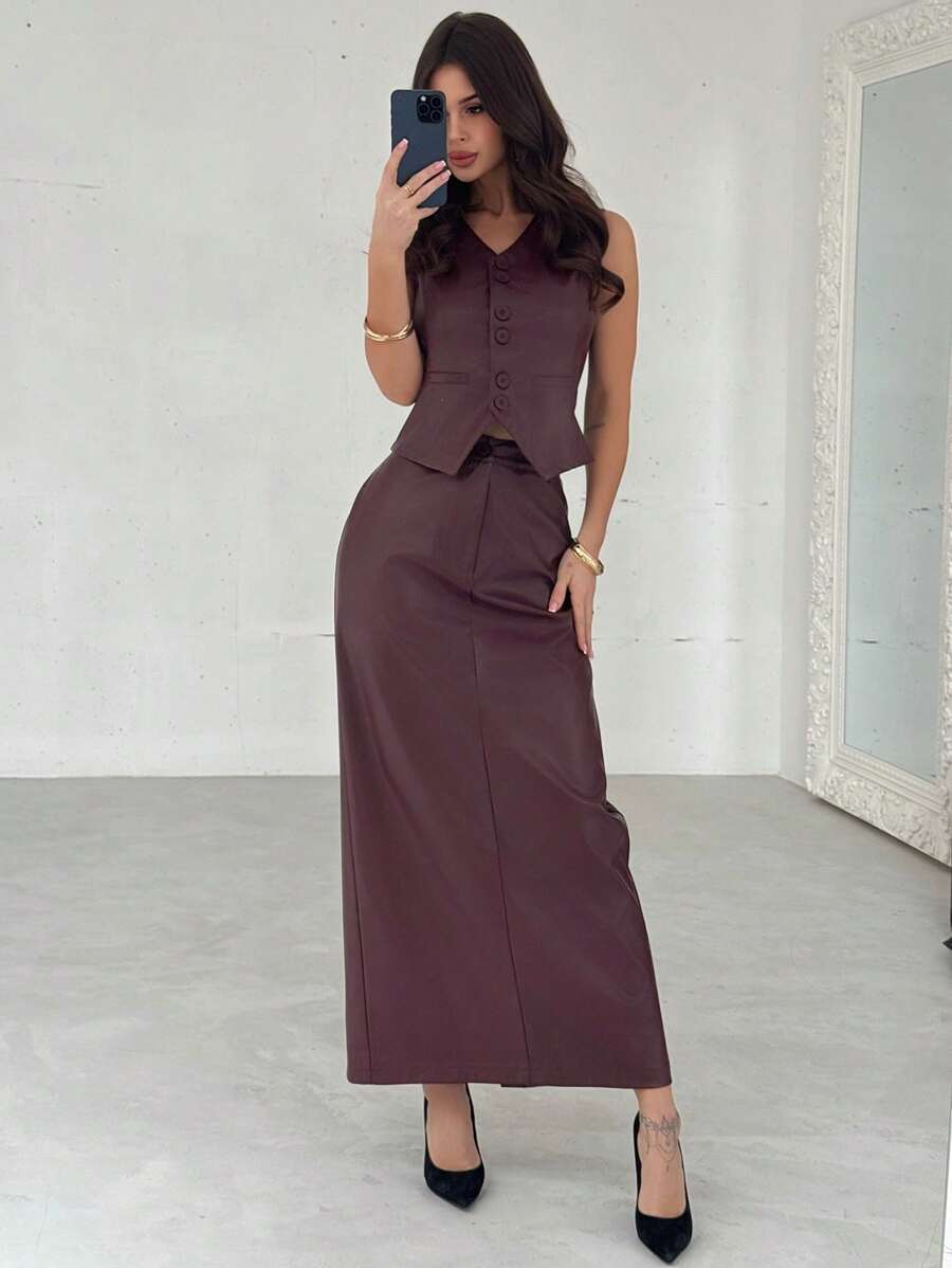 Firerie Women Elegant Simple Refined Commuting Office Fashionable Everyday V-Neck Button Leather Vest And High Waist Straight Split Hem Skirt Akula Red Leather Suit, Spring/Summer - Burgundy - View 1