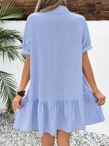 SHEIN LUNE 女士条纹短袖纽扣半襟荷叶边下摆休闲衬衫裙 - 藍白色 - 查看 2