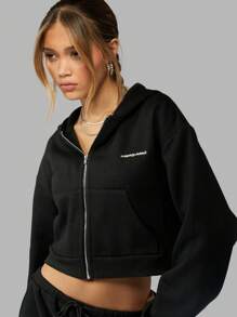 MISSGUIDED Oversized Cropped Hooded Zip Through Sweatshirt - Black - View 3