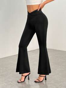 SHEIN PETITE Simple Solid Color Wrap High Elastic Knitted High Waist Flared Pants Pure Black Two-Piece - Black - View 7