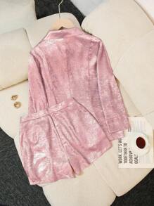 SHEIN LUNE 女士纯色短裤和西装外套两件套西装，休闲 - 粉色 - 查看 2
