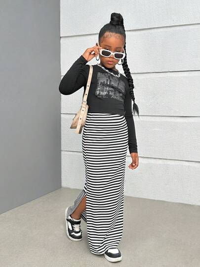 SHEIN Tween Girl 休闲针织条纹修身迷你裙